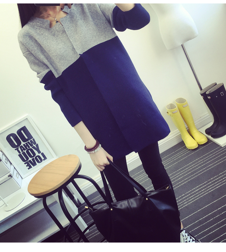 艾美卉  2015秋款外套复古拼接撞色毛衣外套修身中长款针织衫女开衫 8163 蓝色 均码