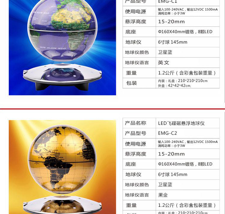 发光6寸自转磁悬浮地球仪工艺礼品 办公桌室摆件创意装饰 黑金