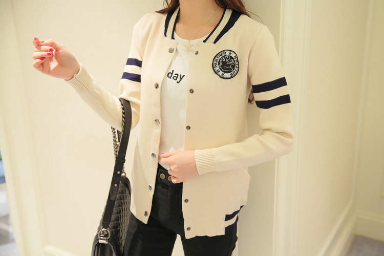 御品顿 棒球服 针织卫衣女 开衫2015秋装新款女装日韩学院风休闲条纹外搭披肩外套 女 蓝色 均码