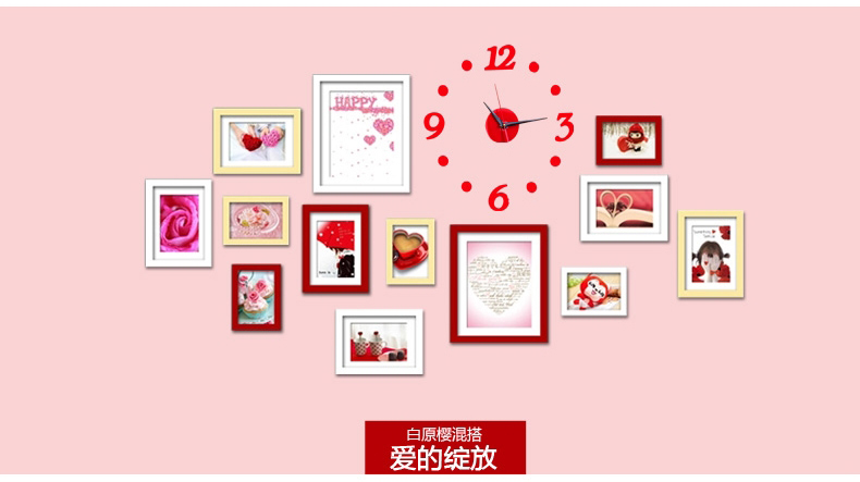 
                                        全悦 实木照片墙 创意家居相片墙 适合小墙面组合相框墙 13SM562 钟表组 黑白原胡+思绪+黑钟                
