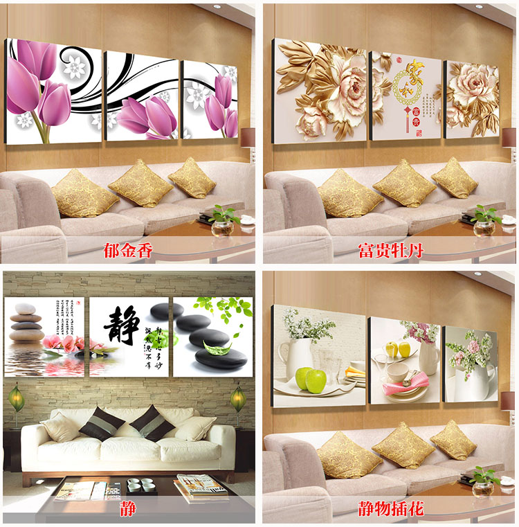 
                                                            中画家居 客厅装饰画现代简约餐厅卧室床头壁画沙发电视背景墙挂画三联无框画 富贵牡丹 9mm厚布纹膜 50*50cm                