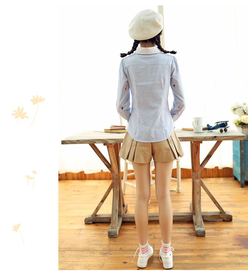 妮菲学院2015秋装甜美清新刺绣少女初高中学生长袖条纹衬衫女衬衣 蓝色 L170