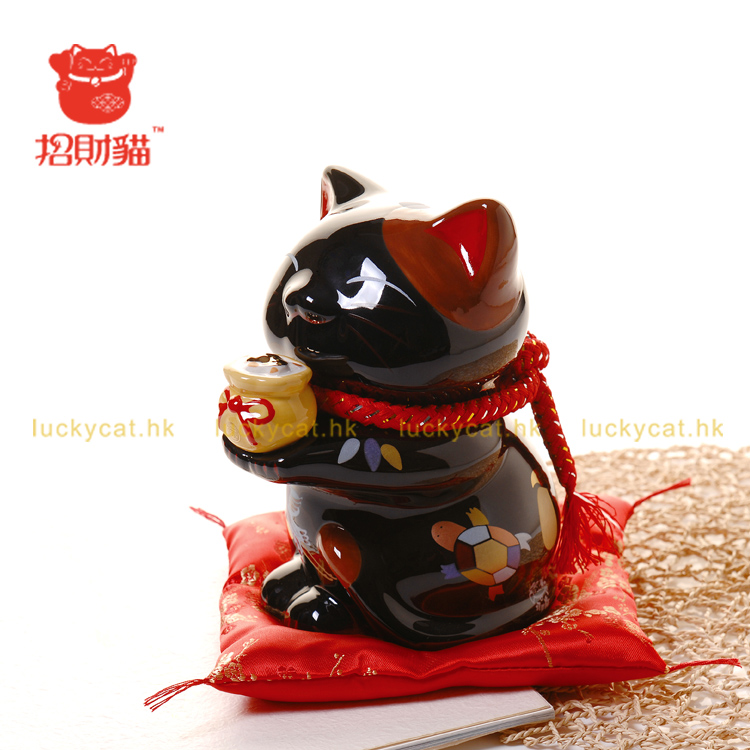招财猫摆件 中号陶瓷黑色猫存钱罐储蓄罐 店铺开业办公室家居创意礼品节庆饰品 笑福猫