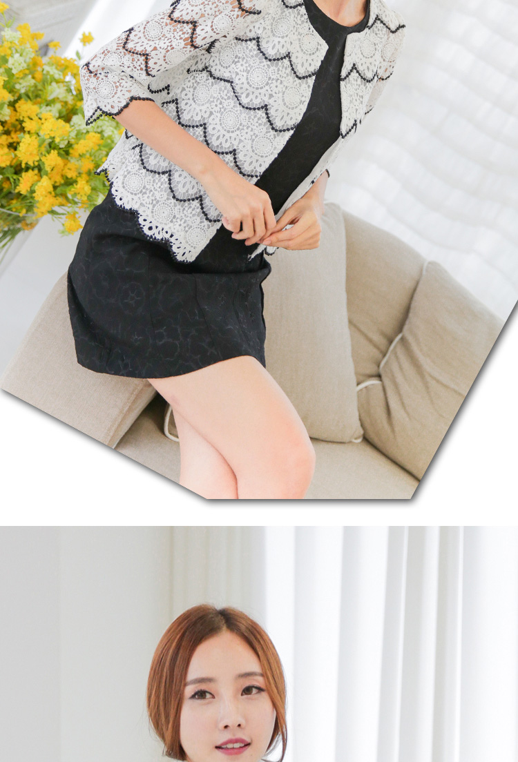 摩纤 2015春秋新款女装  韩版甜美气质镂空钩花蕾丝黑白开衫短外套M31 图片色 均码