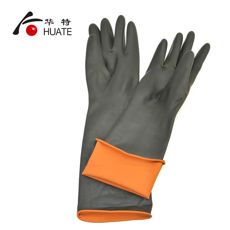 华特3601实验室工业耐酸碱橡胶手套防油防水长袖化工防护乳胶手套加厚
