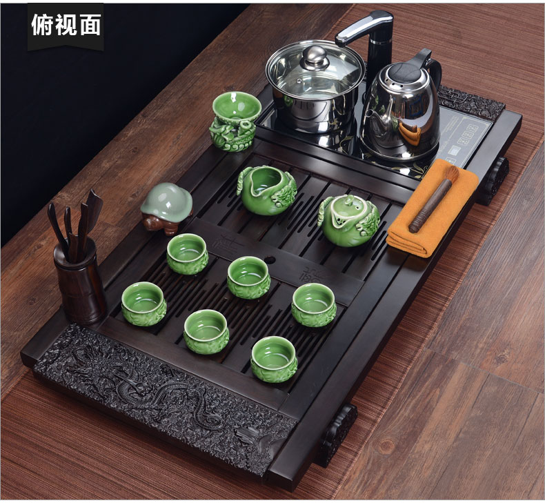 
                                        豪峰 整套黑檀木实木茶盘陶瓷礼品套装紫砂功夫茶具配四合一电器 黑檀木祥龙盛世茶盘恬瓷双龙茶具套装带电器                
