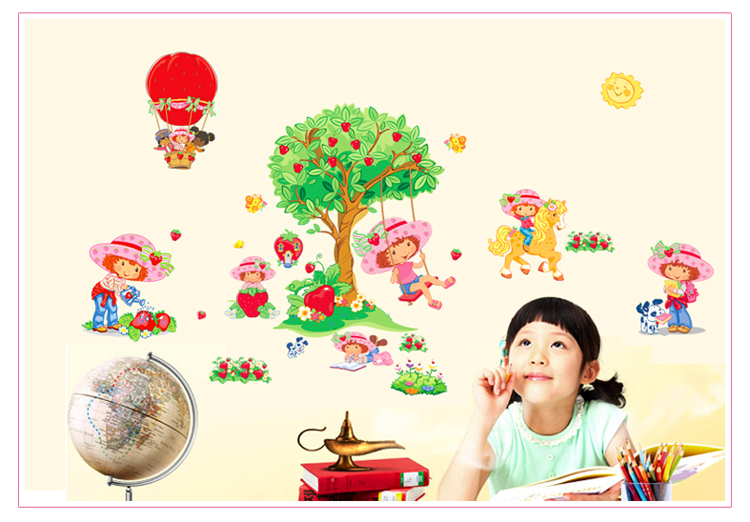 
                                        沐坤 幼儿园儿童房装饰贴纸 女孩房间卡通墙贴画 草莓女孩壁画墙贴1934                