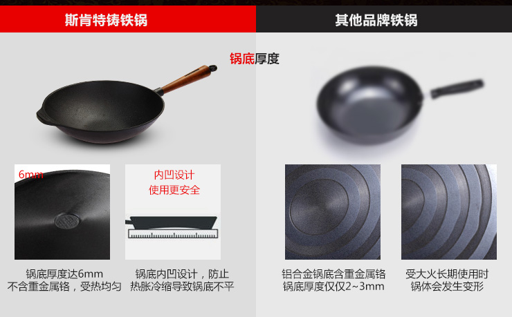 瑞典进口斯肯特 铸铁炒锅 无烟无涂层物理不粘锅铁锅 电磁炉通用