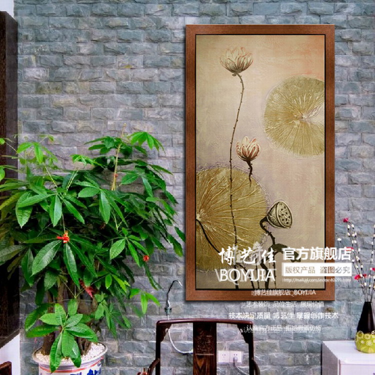 
                                        博艺佳 纯手绘油画 中式复古装饰画 客厅玄关壁画抽象画壁画荷叶 泰式荷叶 50*100CM                