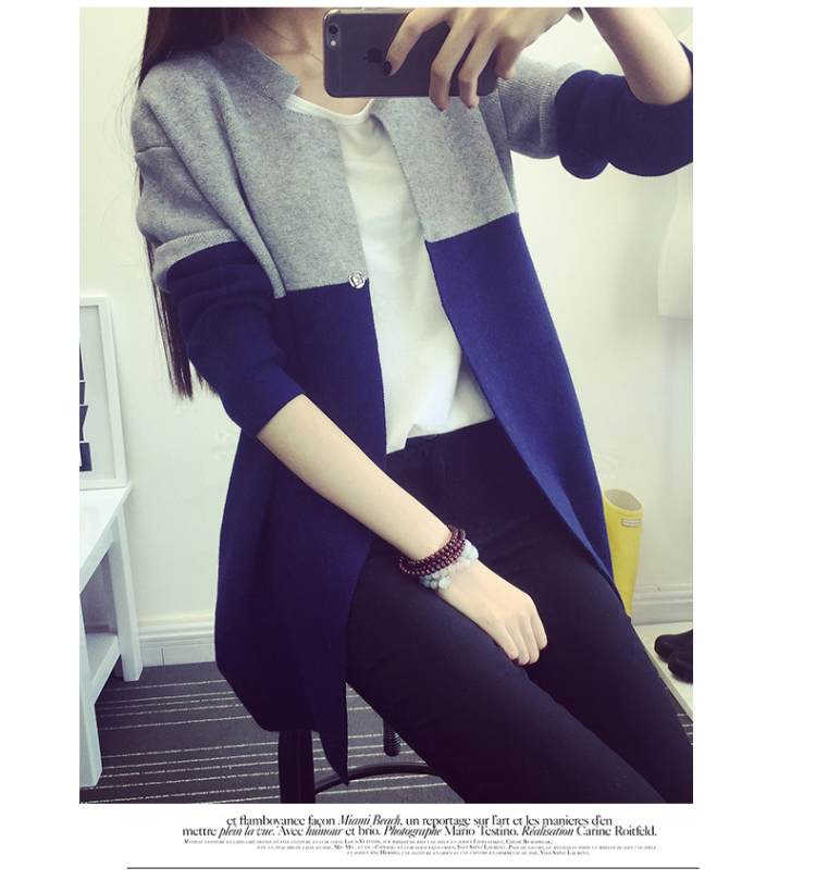 艾美卉  2015秋款外套复古拼接撞色毛衣外套修身中长款针织衫女开衫 8163 蓝色 均码
