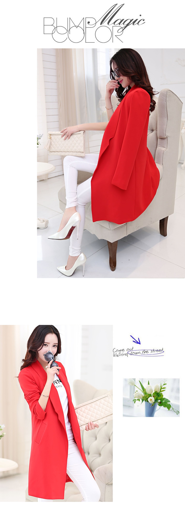 古罗美 2015秋季新款女士西服中长款休闲外套大码显瘦上衣时尚风衣小西装潮 252 天蓝色 M