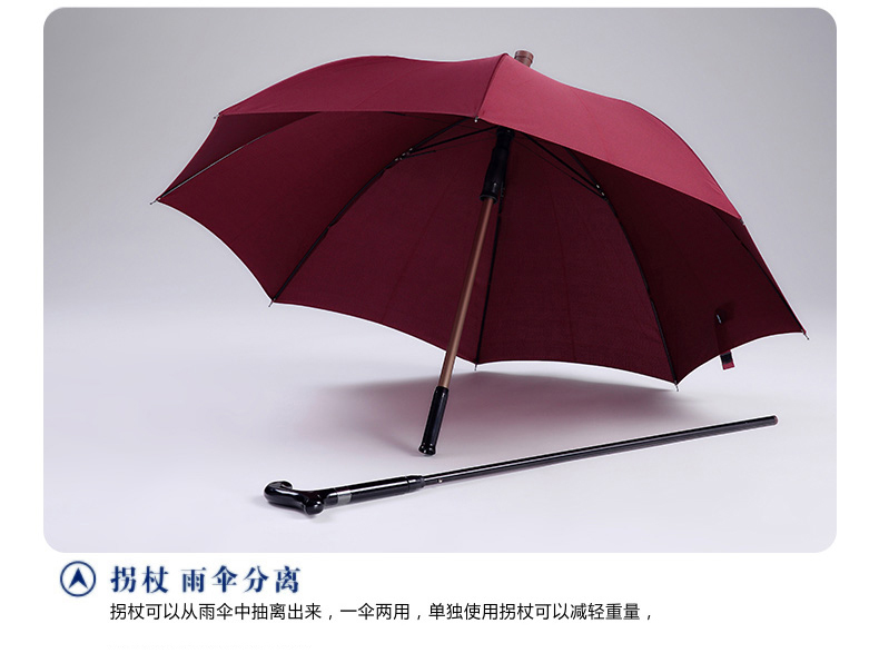 蓝雨伞 拐杖伞高档多功能超强加固老人长柄雨伞防身可分离防滑 黑色