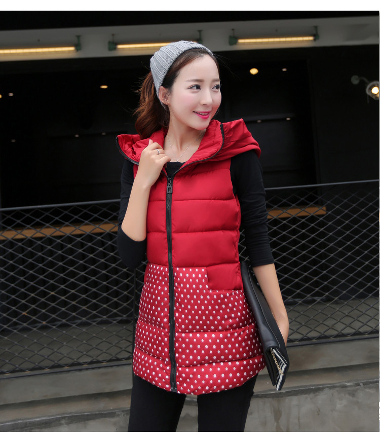 樱雪妃2015秋冬新款外套中长款马夹马甲拼接修身连帽棉服潮时尚女装 黑色 XL