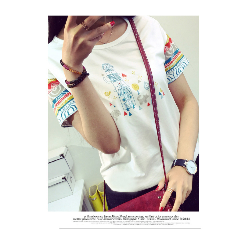 歌慕妮2015夏装t恤女夏学生修身短袖印花休闲文艺短款圆领T恤女潮#4532 白色 S