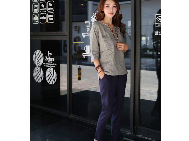 优和 2015秋装新款棉麻气质印花大码七分袖T恤女 TX075 蓝色 3XL