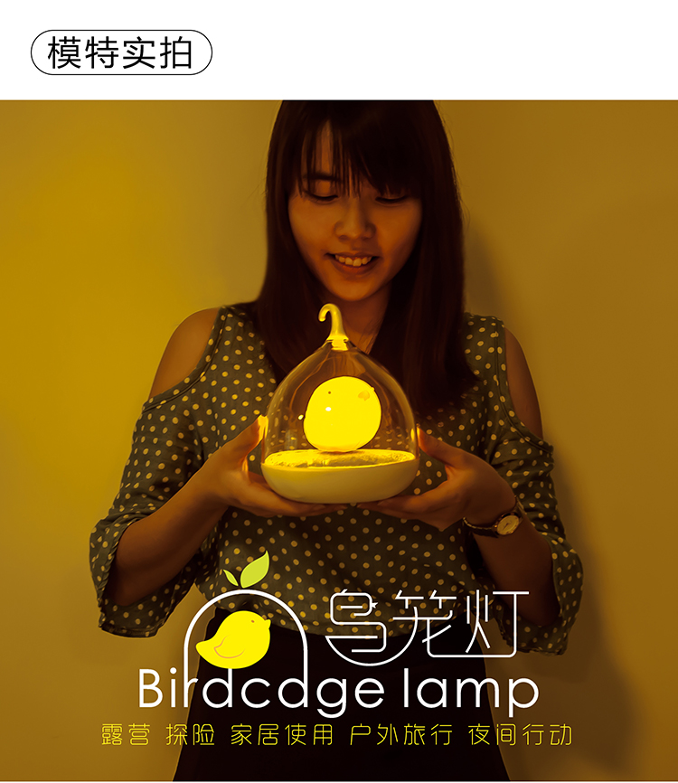 e优 创意LED台灯触摸床头鸟笼灯 可充电小夜灯小鸟台灯 声控感应壁灯插电卧室灯 护眼灯 触控版 桔萌鸟
