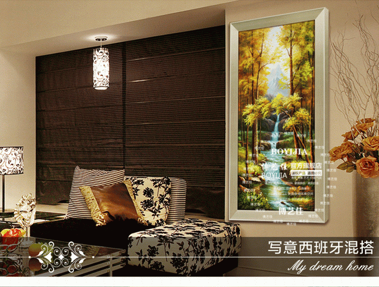 
                                        博艺佳 欧式风景山水画手绘油画酒店家居玄关走廊装饰画有框挂画 A款-豪华角花框 80CM*160CM                
