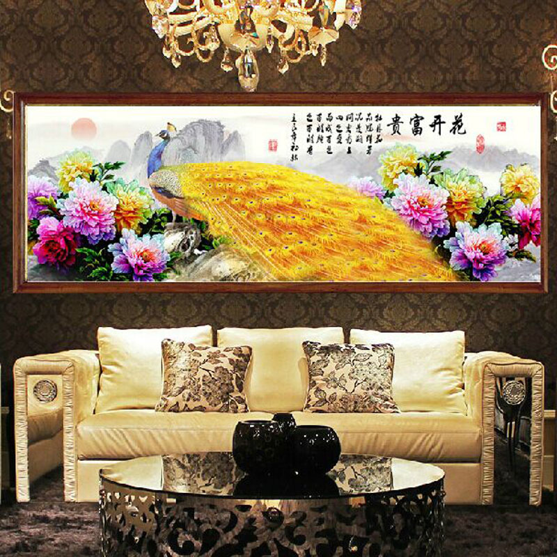 皇室珍品蒙娜丽莎十字绣新款客厅花开富贵十字绣牡丹花金孔雀系列大幅精准印花 满绣9CT棉线印花179*68cm
