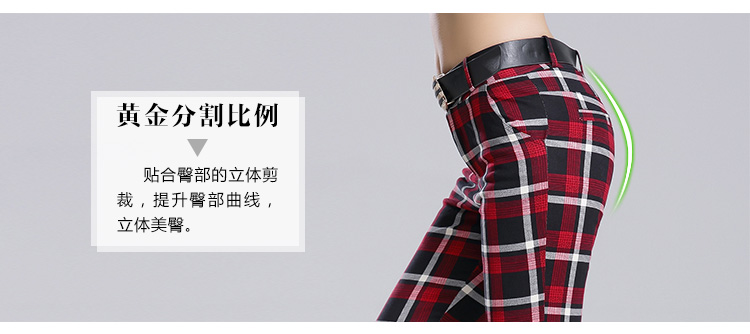2015秋冬新款格子休闲裤女修身显瘦小脚裤韩版长裤弹力中腰铅笔裤女士长裤子 红色 XL
