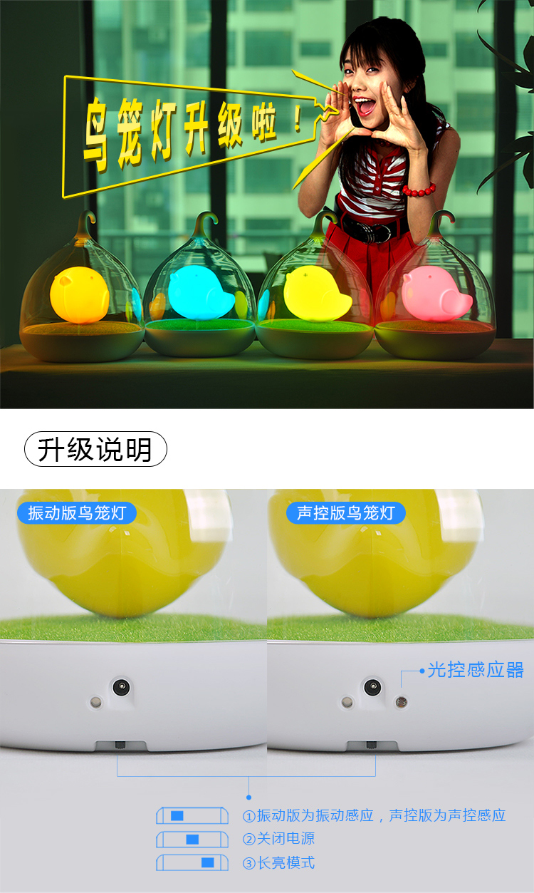 e优 创意LED台灯触摸床头鸟笼灯 可充电小夜灯小鸟台灯 声控感应壁灯插电卧室灯 护眼灯 触控版 桔萌鸟