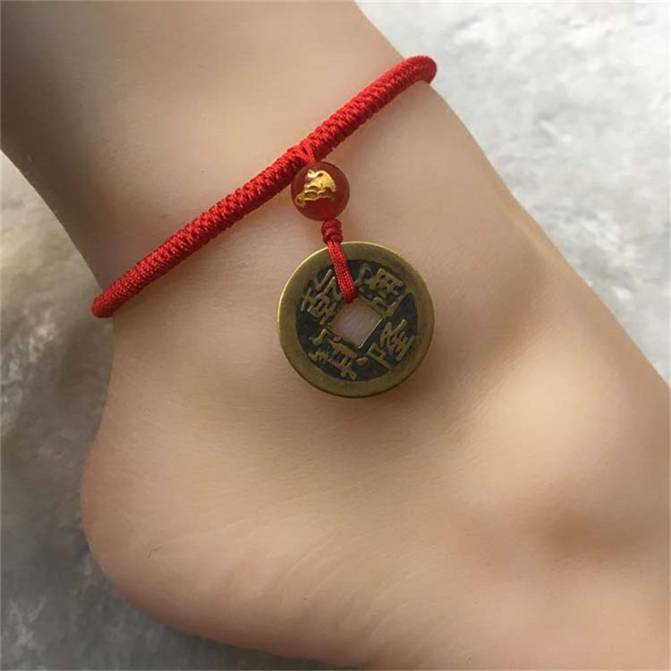 箴诺 五帝铜钱红绳玛瑙脚链男女本命年脚绳 生肖鸡