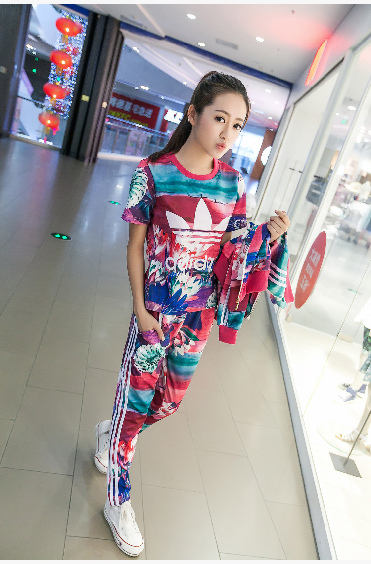 香情姿2015秋季新款印花潮女装 运动休闲三件套 酒红色 M