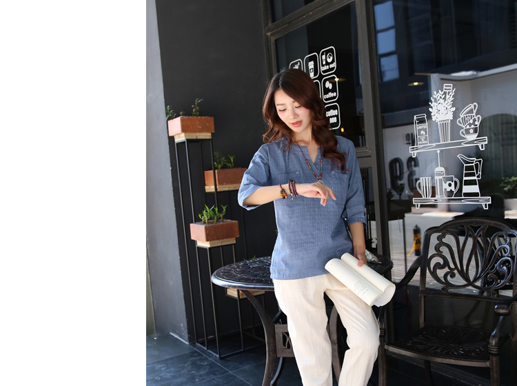 优和 2015秋装新款棉麻气质印花大码七分袖T恤女 TX075 蓝色 3XL