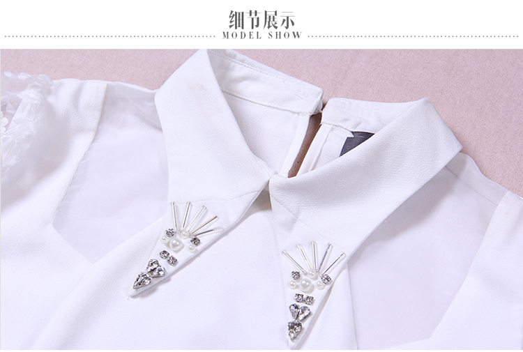朵日雅 2015欧美女装 翻领雪纺钉珠上衣+阔腿短裤裙裤 两件套套装 白衣+黑裤 L