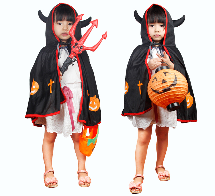 仕彩万圣节服装儿童表演服装cosplay恶魔牛角披风儿童演出服 紫色披风+恶魔叉+南瓜灯