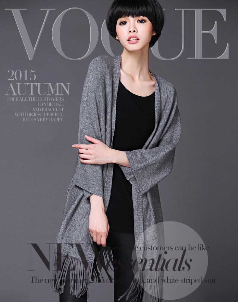 珞璎玲珑2015秋装新款欧美流苏披肩宽松大码毛衣开衫外套8368# 灰色 均码