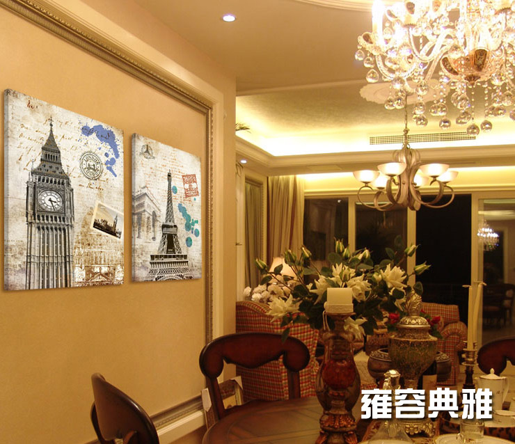 
                                        优柯 建筑无框画餐厅装饰画客厅现卧室壁画咖啡厅酒吧墙画挂画复古无框画四联幅 9mm50*70cm(1套)                