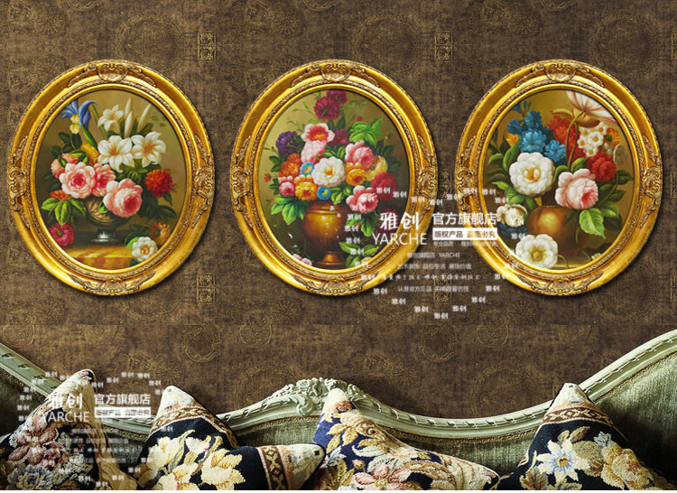 
                                        雅创油画 欧式装饰画椭圆画框客厅玄关柜挂画手绘油画古典花沙发墙画 C款 45*55CM                