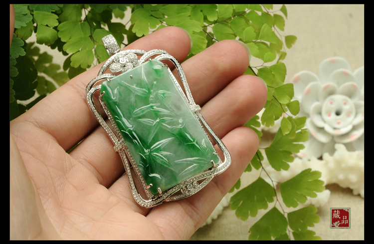 钻石镶嵌玉牌 翡翠a货富贵竹吊坠高档品 仅此