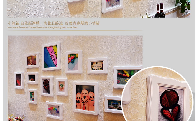 图慕 实木客厅照片墙 相框墙 欧式 创意相框画框组合 相片墙TM-13-A 白红(送思念画芯)