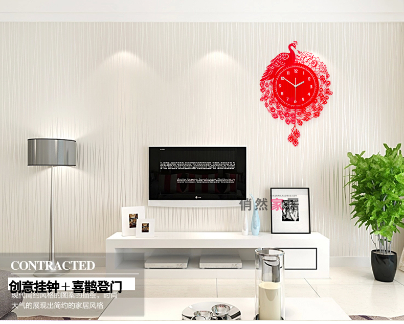 
                                        俏然中式石英钟艺术挂钟时尚客厅静音创意卧室时钟红孔雀摆钟表 红色 20英寸                