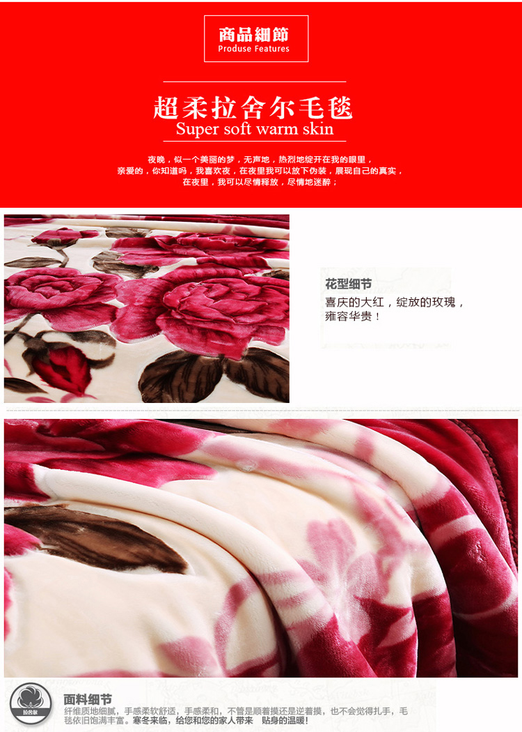 
                                        锦芙秀家纺 双层拉舍尔毯加厚双人毯子大红色婚庆毛毯被单人盖毯  礼品毯冬季保暖绒毯 向往 180*220cm(6斤)                