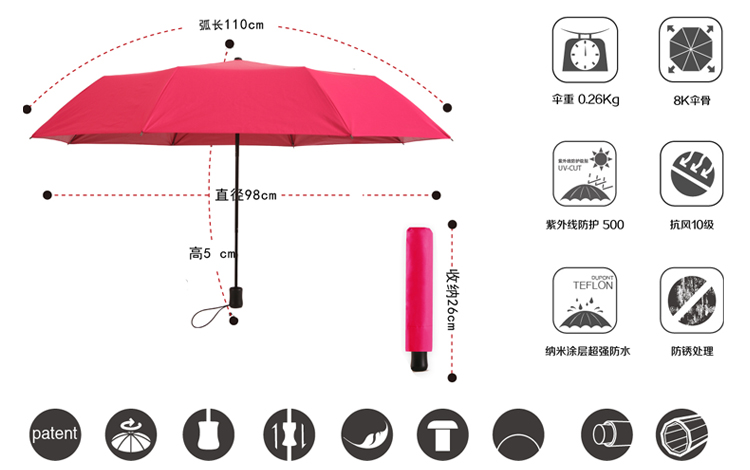 
                                        TOWA 台湾三折折叠手开伞 雨伞遮阳伞女 伞 晴雨伞 防紫外线防晒伞 涂胶伞小黑伞新品 T3孔雀蓝                