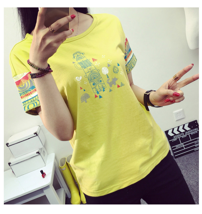 歌慕妮2015夏装t恤女夏学生修身短袖印花休闲文艺短款圆领T恤女潮#4532 白色 S
