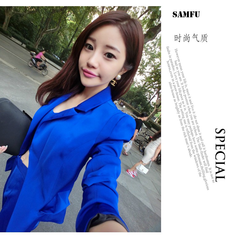 芮婕服装店*2015秋新款休闲套装韩版OL气质西服职业装欧美大牌西装三件套装女 蓝色 L