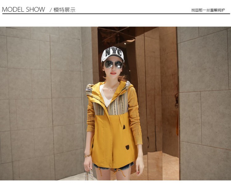 syeven/史伊芬 休闲连帽镶色风衣外套 2015秋季新款外套 姜黄色 L