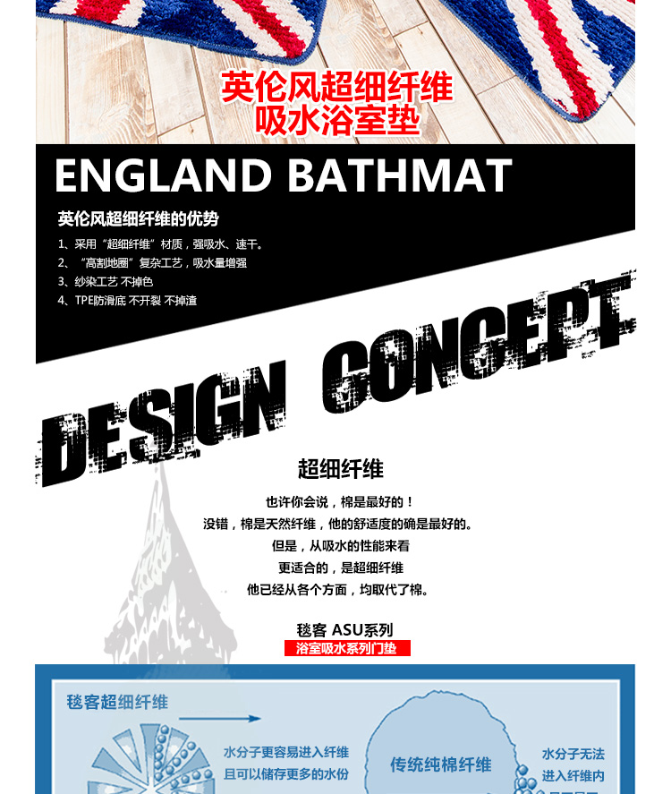 
                                        毯客浴室垫系列 英伦风米字旗地垫超细纤维柔软舒适吸水好地垫 可机洗浴室垫 英伦情怀 80CMx120CM                