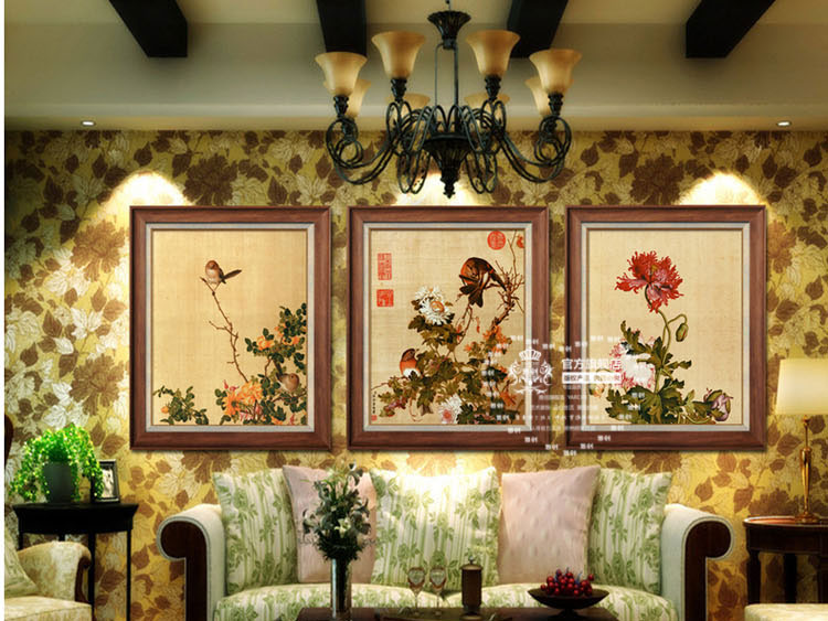 雅创油画  现代客厅中式装饰画餐厅三联画卧室国画沙发背景墙挂画 郎世宁 荷语慈姑 70*80CM