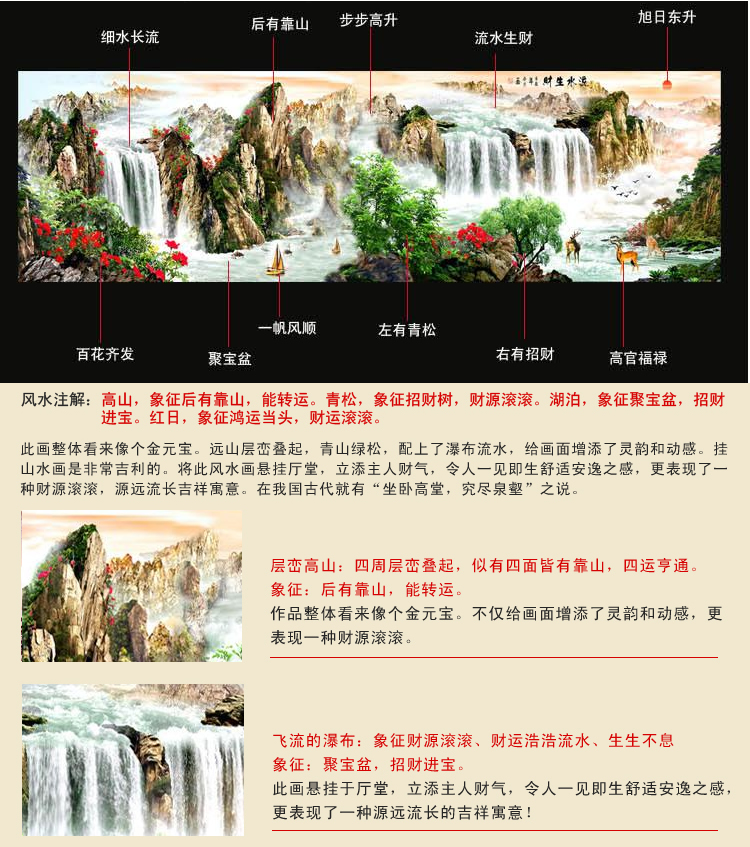 
                                        蒙娜丽莎十字绣客厅新款客厅十字绣新款大幅山水画旭日东升十字绣风景印花十字绣流水生财 220*80cm中格丝线印花                