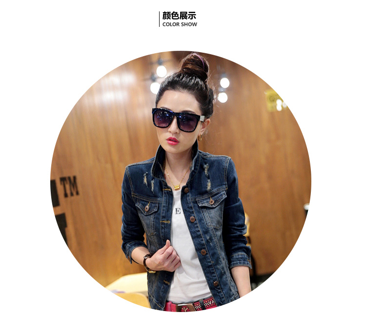 十月玫瑰 2015秋季新款欧美时尚翻领纯色简约单排扣破洞常规款牛仔衣修身甜美淑女百搭短外套 牛仔蓝 L