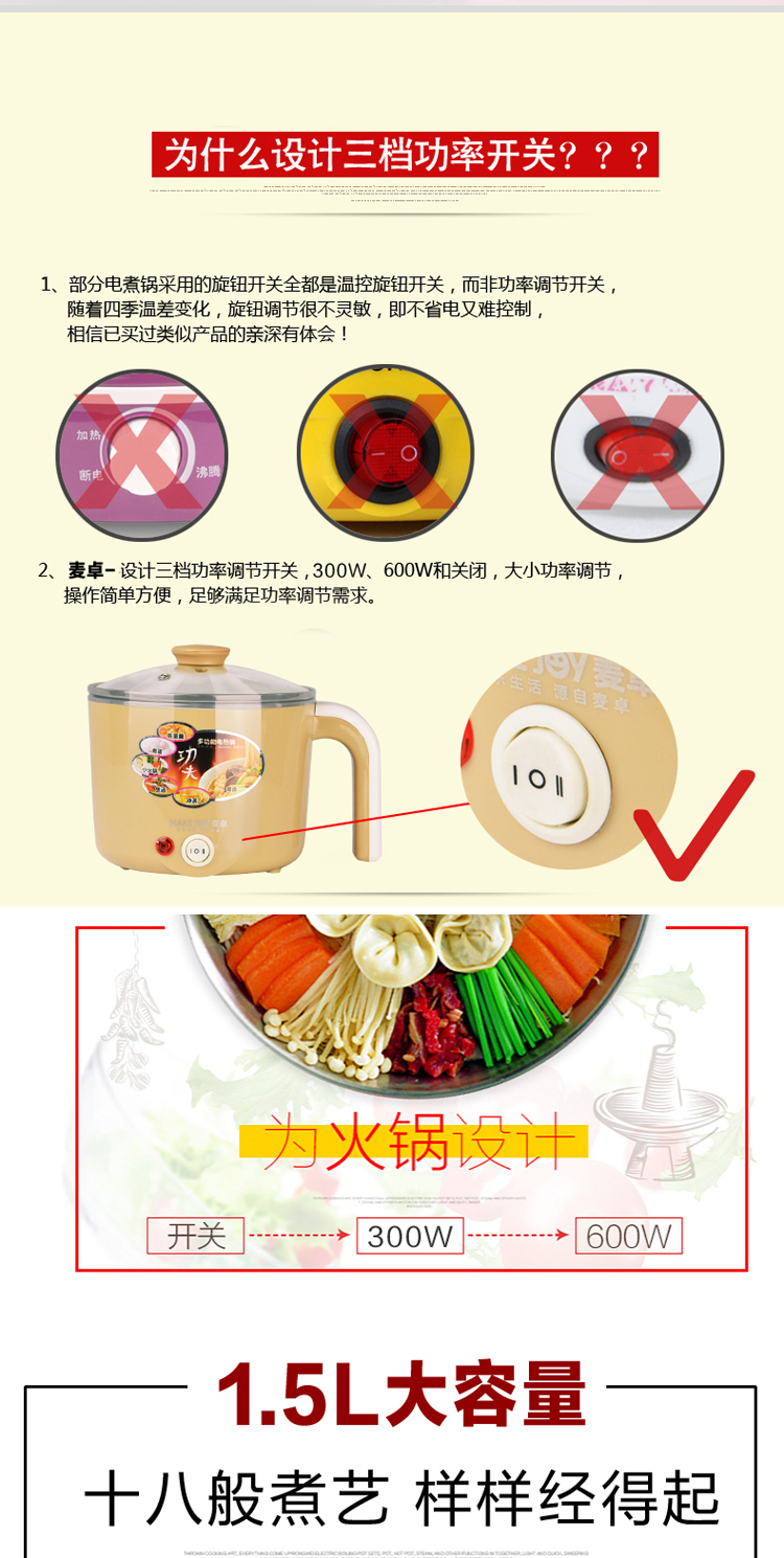 麦卓MAKEJOY 电热锅电煮锅煮面锅多功能锅火锅学生锅迷你小电锅不锈钢电锅 6815B绿色-1升