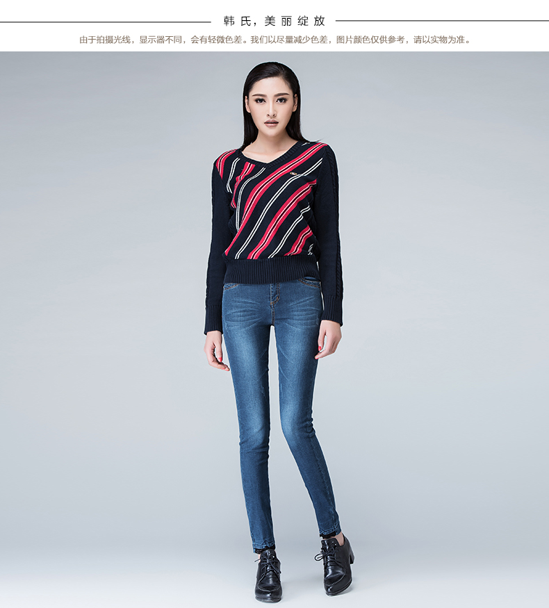 韩氏伊人2015秋新品抓纹九分牛仔裤女裤蕾丝显瘦小脚铅笔裤大码潮H18030 蓝色D01 30码