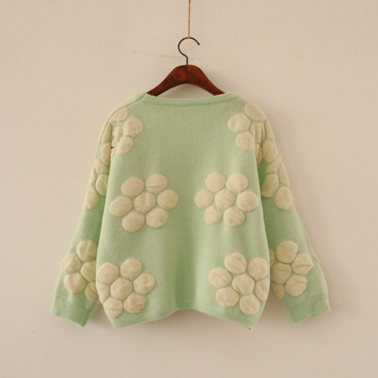 Polimoda 秋冬新款甜美立体花朵宽松套头加厚小清新毛衣 日式森女系短上衣ss1000 绿色 均码