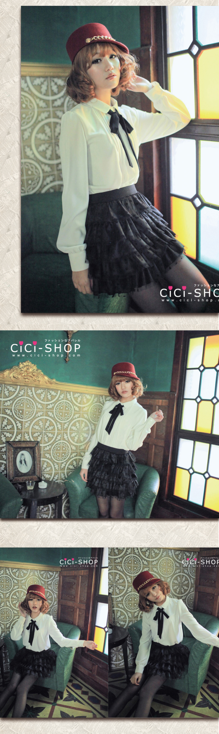 CiciShop2015秋冬小清新百搭甜美蝴蝶结长袖雪纺打底衬衫7910 白色 S