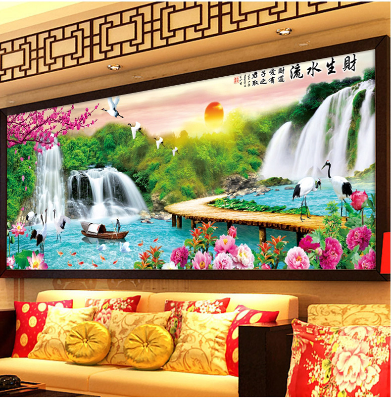 
                                        尚世纪 5d钻石画十字绣客厅新款十字绣钻石绣大款流水生财风景十字绣迎客松 满钻钻石画120X50CM                