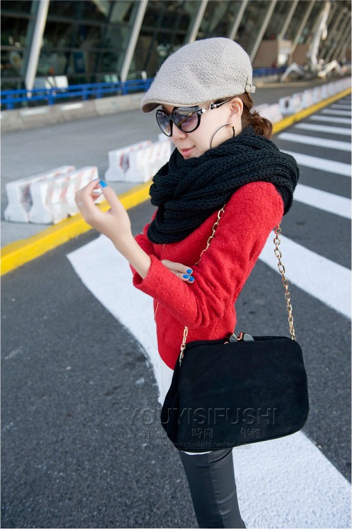 衣莉轩 2015秋冬新款毛呢外套女 韩版修身显瘦字母印花长袖学院风呢子小外套女 红色 M